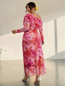 Sassy Hour Plus Size Vintage Sexy Vacation Floral Print Asymmetrical Shoulder Ruched Dress Elegant Cocktail Night Party Formal Women Wedding Guest Pink Fall - Multicolor - View 5