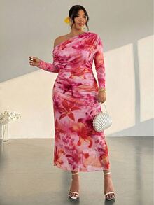 Sassy Hour Plus Size Vintage Sexy Vacation Floral Print Asymmetrical Shoulder Ruched Dress Elegant Cocktail Night Party Formal Women Wedding Guest Pink Fall - Multicolor - View 6