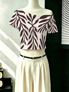 Selamara Cropped Asymmetric Neck Short Sleeve T-Shirt - Brown - View 4