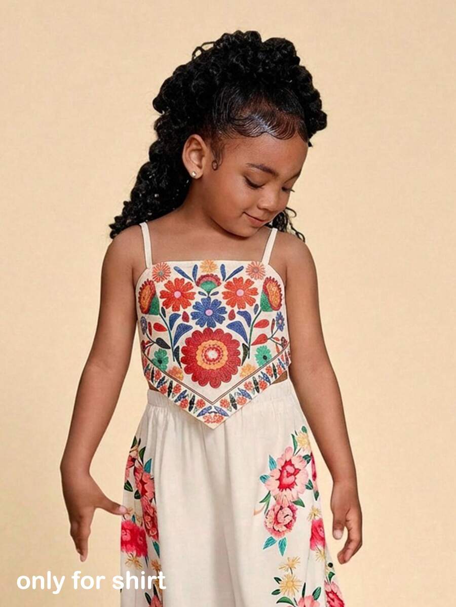 Young Girl Tropical Floral Print Curved Hem Triangle Back Tank Top, Summer - Multicolor - View 1