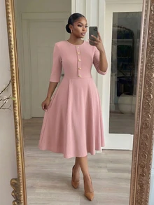 Dripcurv Plus Size Elegant French Metal Buckle Round Neck Fashionable Versatile Dress Teachers' Day Formal Pink Autumn - Pink - View 6