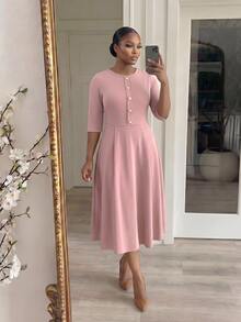 Dripcurv Plus Size Elegant French Metal Buckle Round Neck Fashionable Versatile Dress Teachers' Day Formal Pink Autumn - Pink - View 4