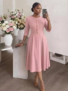 Dripcurv Plus Size Elegant French Metal Buckle Round Neck Fashionable Versatile Dress Teachers' Day Formal Pink Autumn - Pink - View 1