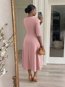 Dripcurv Plus Size Elegant French Metal Buckle Round Neck Fashionable Versatile Dress Teachers' Day Formal Pink Autumn - Pink - View 2