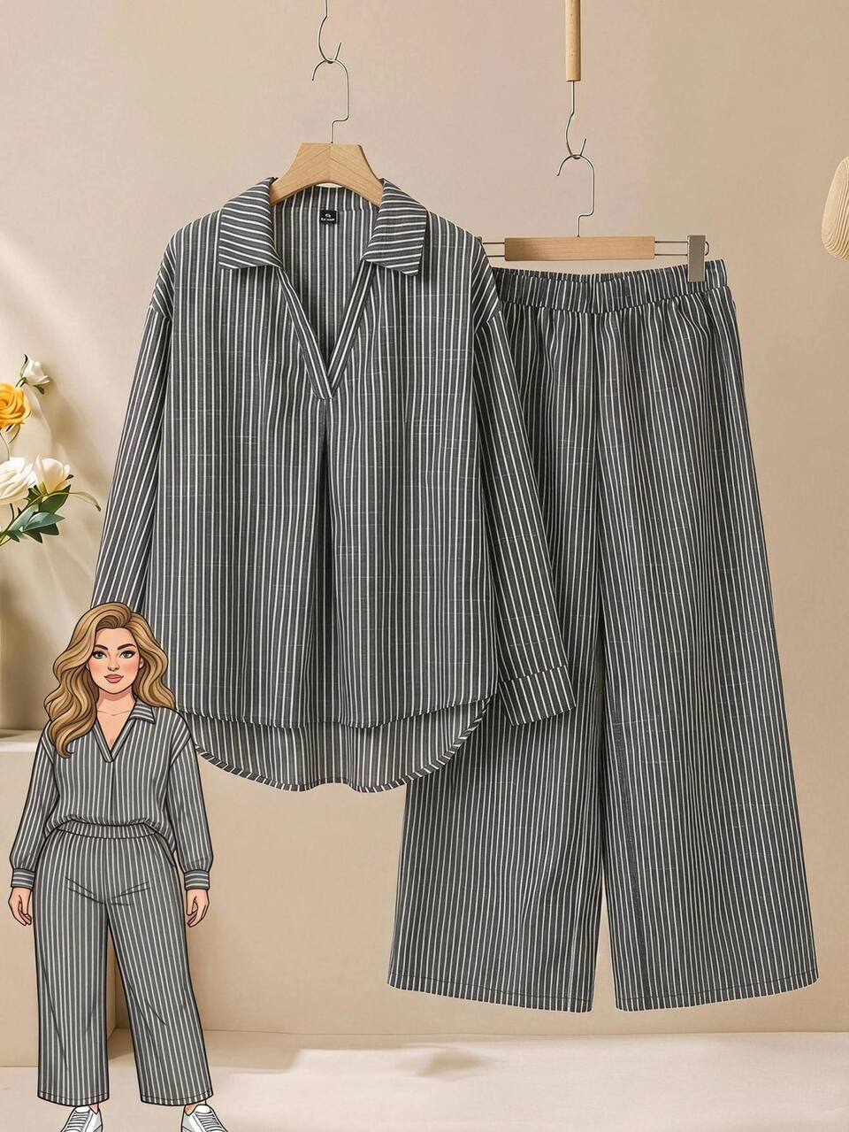 Plus Size White Solid Round Neck Long Sleeve Pleated Loose Shirt Pants 2pcs Set Fall Autumn Casual Soft Form Modest Party Office Outfits Women