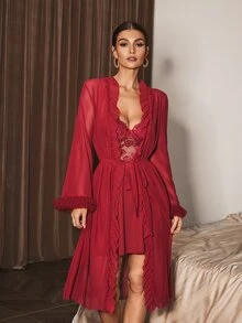 Slumberist Conjunto de pijama con camisón de dormir de encaje empalmado y bata con dobladillo con volantes - Burdeos - Ver 4