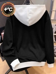 SHEIN 青少年男孩休閒拼接色白色與黑色連帽衛衣，英文印花，保暖內裡，極簡百搭日常穿著，男孩服飾，秋冬季 - 黑與白 - 查看 2