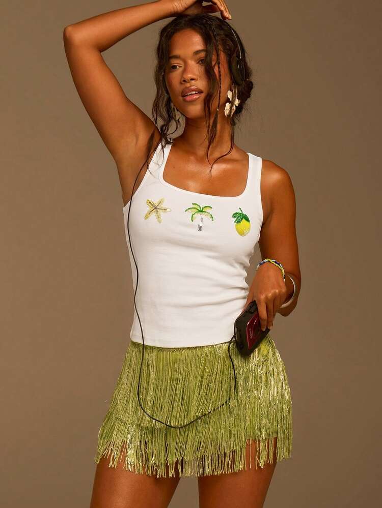 Athîral Women's Casual Tropical Sequin Lemon Coconut Tree Starfish Embroidered Shiny White Top, Camisole Beach Vacation Summer, Versatile All Season Vest Item - White - View 5