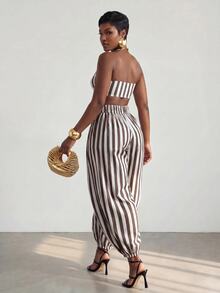 BamGlimmer Setelan Wanita 2 Potong Atasan Tube Pendek Bermotif Garis-Garis Cokelat dan Celana Jogger Longgar untuk Liburan Musim Panas Tropis. - MultiWarna - View 7