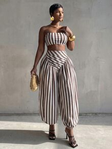 BamGlimmer Setelan Wanita 2 Potong Atasan Tube Pendek Bermotif Garis-Garis Cokelat dan Celana Jogger Longgar untuk Liburan Musim Panas Tropis. - MultiWarna - View 13
