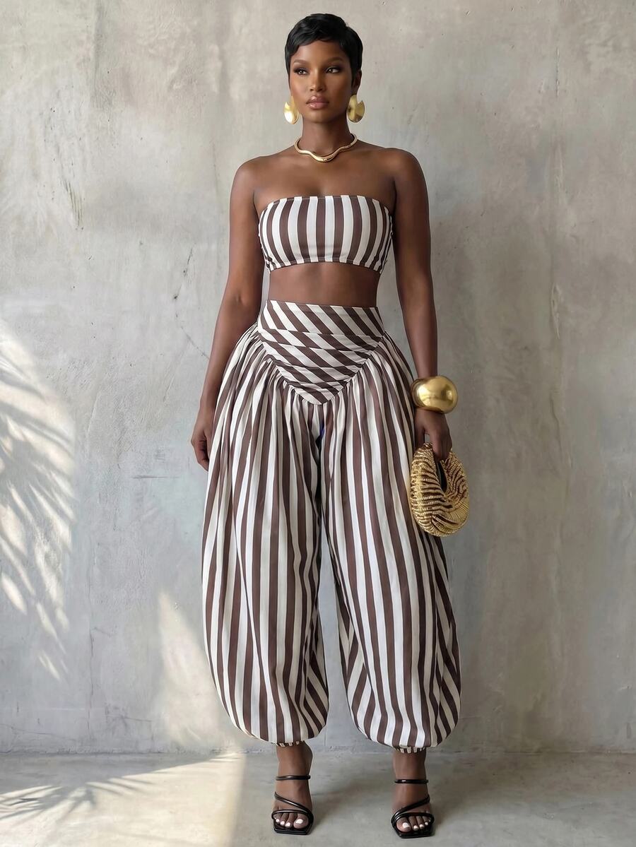 BamGlimmer Setelan Wanita 2 Potong Atasan Tube Pendek Bermotif Garis-Garis Cokelat dan Celana Jogger Longgar untuk Liburan Musim Panas Tropis.