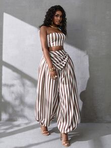 BamGlimmer Setelan Wanita 2 Potong Atasan Tube Pendek Bermotif Garis-Garis Cokelat dan Celana Jogger Longgar untuk Liburan Musim Panas Tropis. - MultiWarna - View 11