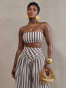 BamGlimmer Setelan Wanita 2 Potong Atasan Tube Pendek Bermotif Garis-Garis Cokelat dan Celana Jogger Longgar untuk Liburan Musim Panas Tropis. - MultiWarna - View 12