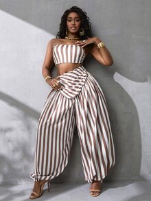 BamGlimmer Setelan Wanita 2 Potong Atasan Tube Pendek Bermotif Garis-Garis Cokelat dan Celana Jogger Longgar untuk Liburan Musim Panas Tropis. - MultiWarna - View 9