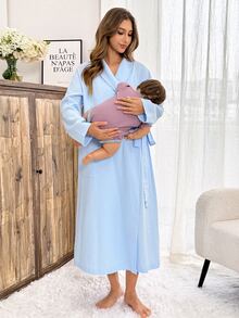 Slowluna Bata larga de maternidad de unicolor para uso diario casual - Celeste - Ver 9