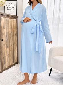 Slowluna Bata larga de maternidad de unicolor para uso diario casual - Celeste - Ver 8