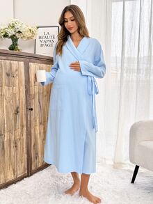 Slowluna Bata larga de maternidad de unicolor para uso diario casual - Celeste - Ver 2