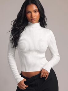 YARNWELL 女款素色立領修身百搭日常穿著長袖針織上衣 - 白色 - 查看 8