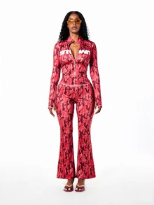 SUMWON WOMEN Pink Camo Print High-Waist Flared Leggings With Contrast Topstitch And Rhinestone Logo Detail Active Work Summer Athleisure Athletic Casual Sporty - Red - View 3