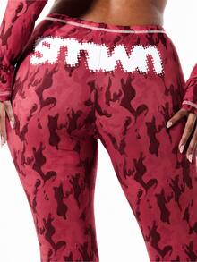 SUMWON WOMEN Pink Camo Print High-Waist Flared Leggings With Contrast Topstitch And Rhinestone Logo Detail Active Work Summer Athleisure Athletic Casual Sporty - Red - View 5