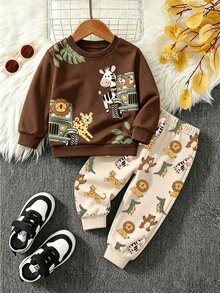 男嬰春秋深棕色動物印花圓領衛衣與寬鬆束口長褲 2件式休閒套裝 - 彩色 - 查看 5