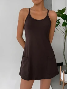 SHEIN EZwear 女士休闲纯色吊带连衣裙 - 咖啡棕 - 查看 4