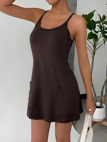 SHEIN EZwear 女士休闲纯色吊带连衣裙 - 咖啡棕 - 查看 5