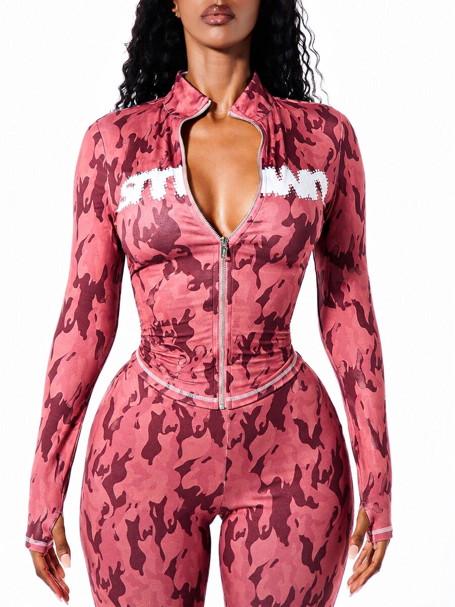 SUMWON WOMEN Long Sleeve Funnel Neck Zip-Through Crop Top With Graphic Logo Print And Camo Pattern - Red - View 1