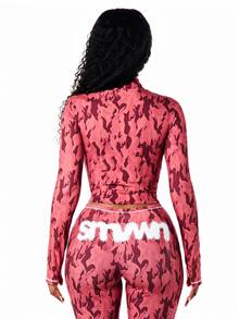 SUMWON WOMEN Long Sleeve Funnel Neck Zip-Through Crop Top With Graphic Logo Print And Camo Pattern - Red - View 2