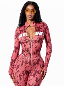 SUMWON WOMEN Long Sleeve Funnel Neck Zip-Through Crop Top With Graphic Logo Print And Camo Pattern - Red - View 5