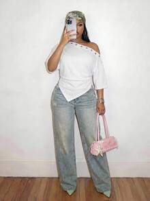 Slaydiva Casual Plus Size Women's White T-Shirt, Suitable For Spring/Summer, Music Festivals, Parties - White - View 5