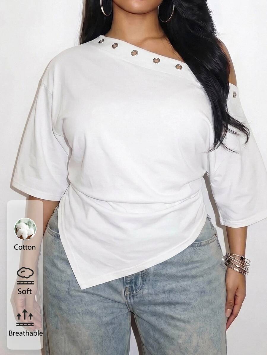 Slaydiva Casual Plus Size Women's White T-Shirt, Suitable For Spring/Summer, Music Festivals, Parties - White - View 1