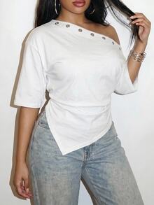 Slaydiva Casual Plus Size Women's White T-Shirt, Suitable For Spring/Summer, Music Festivals, Parties - White - View 3
