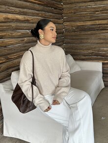 Dazy Plus Solid Color Casual Loose High Neck Versatile Autumn/Winter Long Sleeve Apricot Pullover Sweater - Apricot - View 8