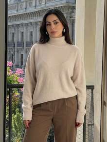 Dazy Plus Solid Color Casual Loose High Neck Versatile Autumn/Winter Long Sleeve Apricot Pullover Sweater - Apricot - View 6
