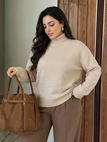 Dazy Plus Solid Color Casual Loose High Neck Versatile Autumn/Winter Long Sleeve Apricot Pullover Sweater - Apricot - View 4