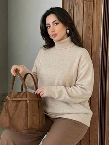 Dazy Plus Solid Color Casual Loose High Neck Versatile Autumn/Winter Long Sleeve Apricot Pullover Sweater - Apricot - View 3
