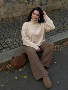 Dazy Plus Solid Color Casual Loose High Neck Versatile Autumn/Winter Long Sleeve Apricot Pullover Sweater - Apricot - View 7