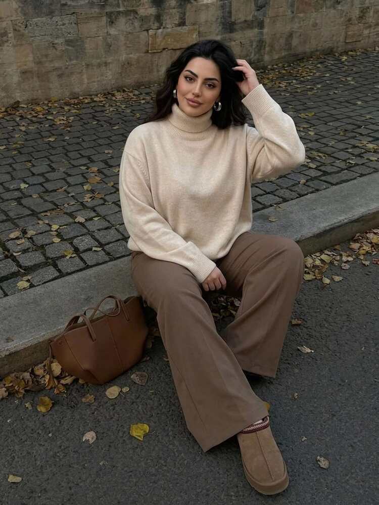 Dazy Plus Solid Color Casual Loose High Neck Versatile Autumn/Winter Long Sleeve Apricot Pullover Sweater - Apricot - View 7