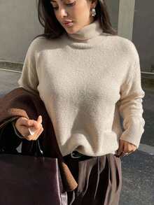 Dazy Plus Solid Color Casual Loose High Neck Versatile Autumn/Winter Long Sleeve Apricot Pullover Sweater - Apricot - View 1