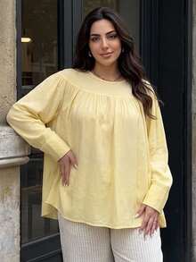 Dazy Plus Atasan Pullover Lipit Longgar Warna Polos Kasual untuk Liburan Musim Semi dan Gugur Warna Kuning - Kuning - View 2