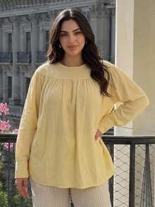 Dazy Plus Atasan Pullover Lipit Longgar Warna Polos Kasual untuk Liburan Musim Semi dan Gugur Warna Kuning - Kuning - View 6