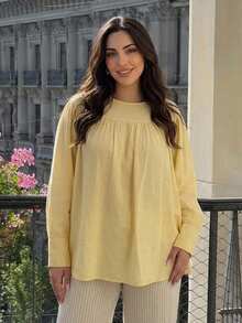 Dazy Plus Atasan Pullover Lipit Longgar Warna Polos Kasual untuk Liburan Musim Semi dan Gugur Warna Kuning - Kuning - View 5