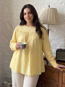 Dazy Plus Atasan Pullover Lipit Longgar Warna Polos Kasual untuk Liburan Musim Semi dan Gugur Warna Kuning - Kuning - View 4