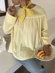 Dazy Plus Atasan Pullover Lipit Longgar Warna Polos Kasual untuk Liburan Musim Semi dan Gugur Warna Kuning - Kuning - View 9