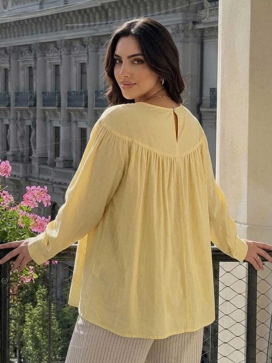 Dazy Plus Atasan Pullover Lipit Longgar Warna Polos Kasual untuk Liburan Musim Semi dan Gugur Warna Kuning - Kuning - View 1