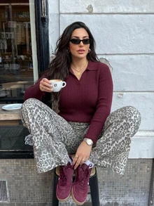 Dazy Plus Solid Color Fitted Knit Red New Year Christmas Cutout V-Neck Long Sleeve Casual Autumn/Winter Pullover Sweater - Burgundy - View 1
