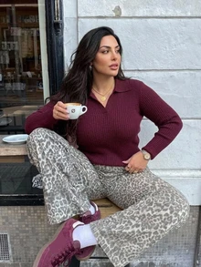 Dazy Plus Solid Color Fitted Knit Red New Year Christmas Cutout V-Neck Long Sleeve Casual Autumn/Winter Pullover Sweater - Burgundy - View 4