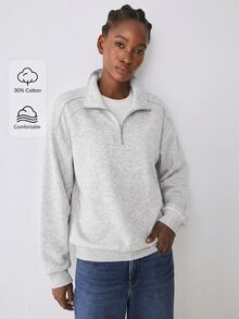 YARNWELL 女款素色落肩長袖半拉鍊休閒運動衫 - 灰色 - 查看 5
