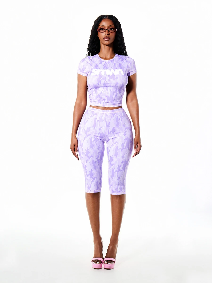 SUMWON WOMEN Lavender Camo Print Crew Neck Short Sleeve Cropped T-Shirt With Chest Logo Detail Summer Ready Workout Gym Streetwear Sport - Lilac Purple - View 1